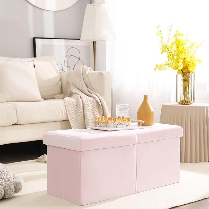 CUYOCA Storage Ottoman Bench Foldable Seat Footrest Shoe Bench End of Bed Storage with Flipping Lid, 75L Storage Space, 30 inches Velvet Pink
