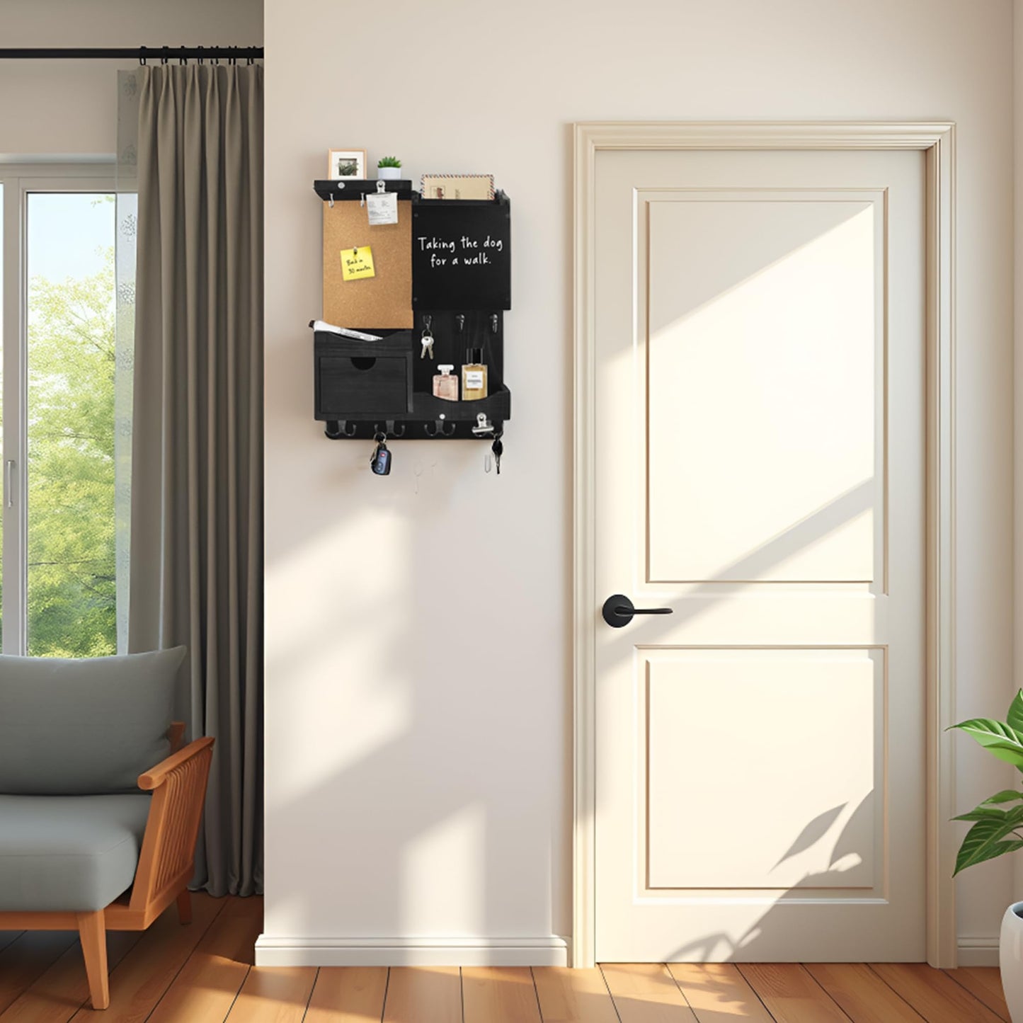 HEKOOLA Key Holder Wall Mount, Mail Organizer Key Holder for Wall with Shelf, Drawer, Chalkboard, Corkboard, Home Decor Mounted for Room Entryway (Black)