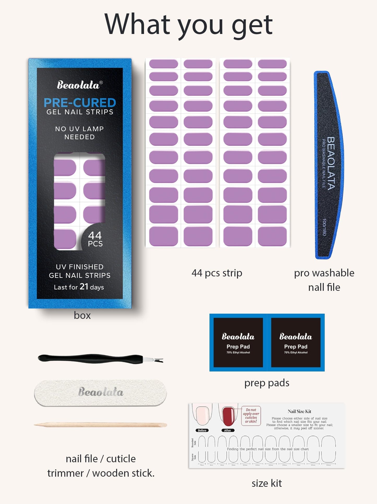 Beaolata Real Gel Nail Strips (No UV Light Needed) - 44Pcs Salon Quality Nail Stickers - Long Lasting Polish Wraps for Women, Easy Apply & Remove (Lilac Dream Purple)