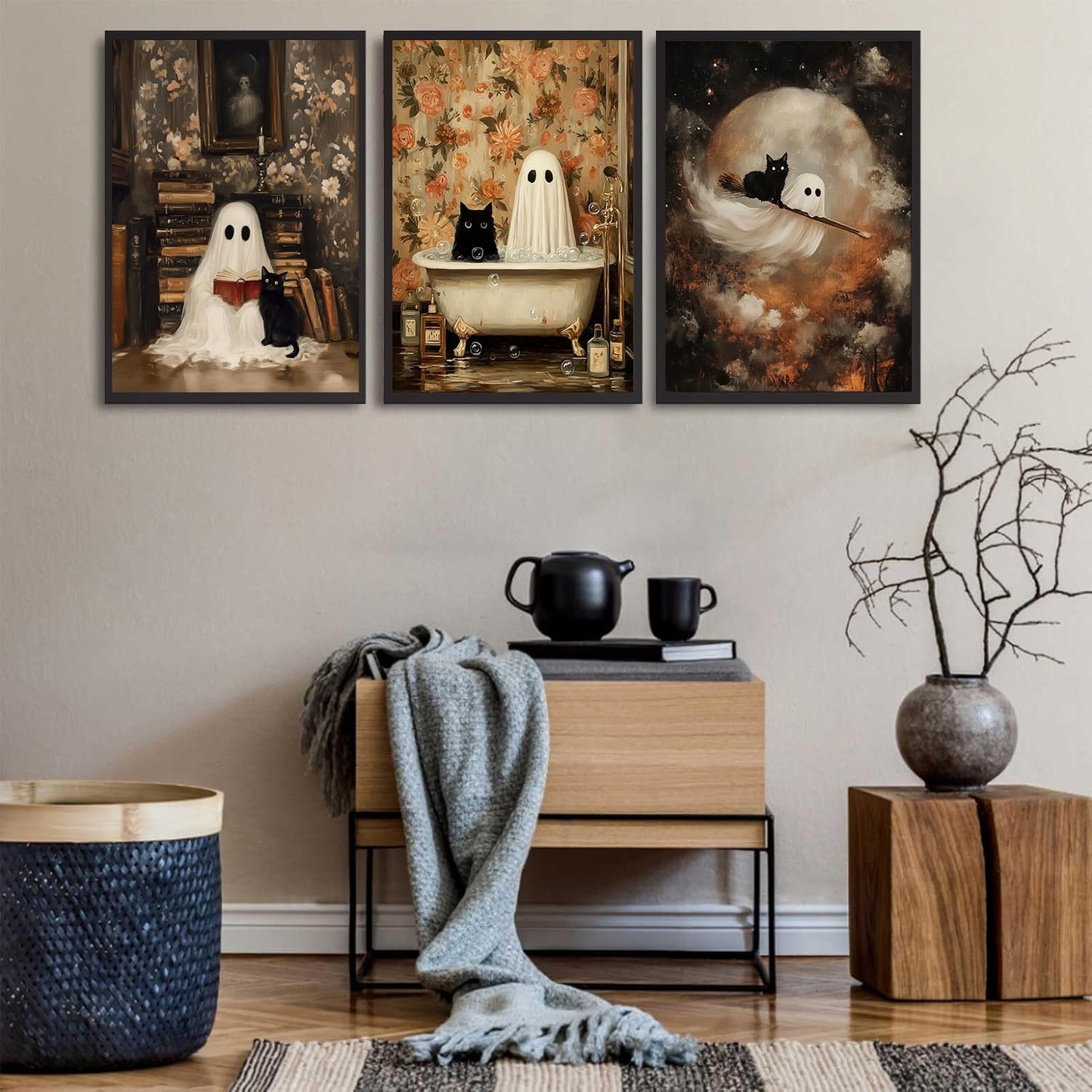 3Pcs Halloween Ghost Wall Art Funny Gothic Moody Ghosts and Black Cat Painting Picture Wall Decor Reading Horror Dark Academia Poster Print Artwork for Bathroom Livingroom Home Decoration noframe