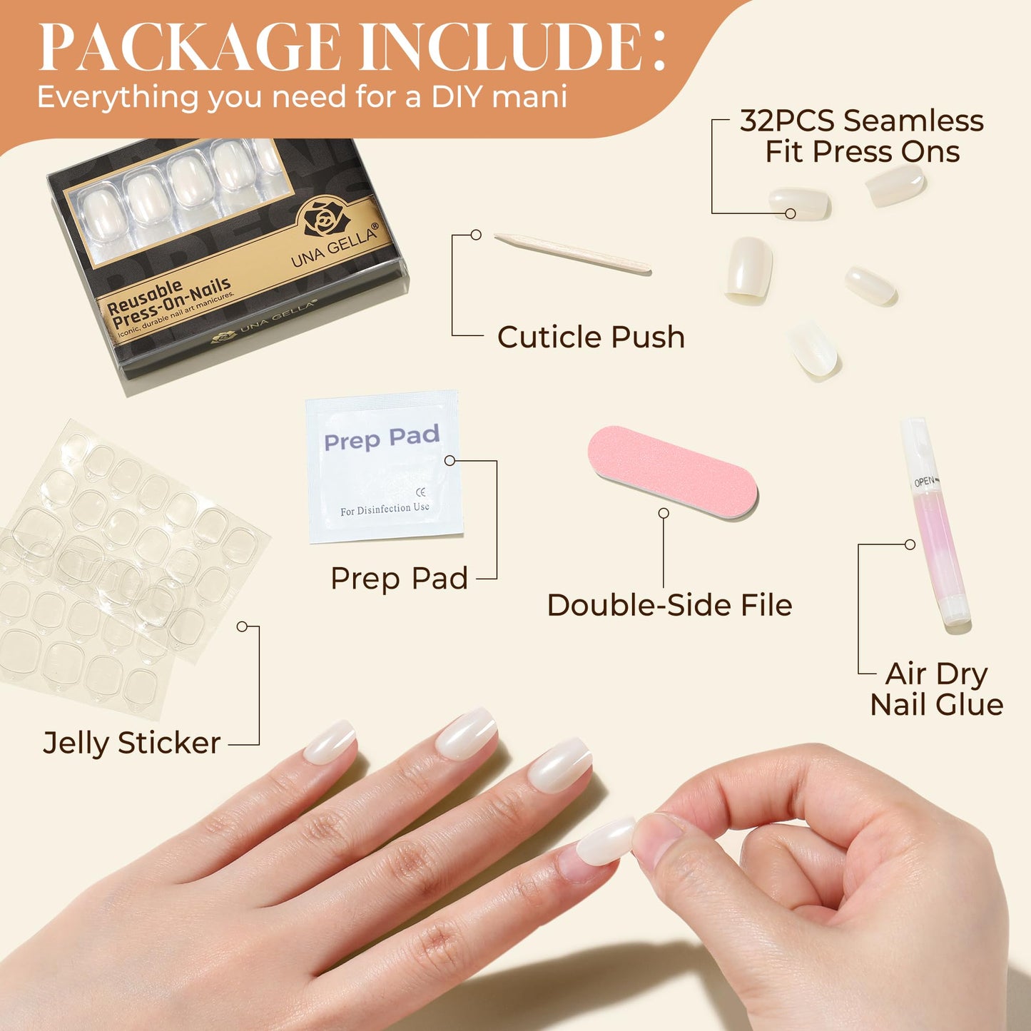 UNA GELLA Press On Nails Short: Chrome White Soft Gel Press Ons Kit with Nail Tips Glue on Nails, 16 Sizes - 32 Reusable Chrome Holographic Fake Nails Kit, Nude White
