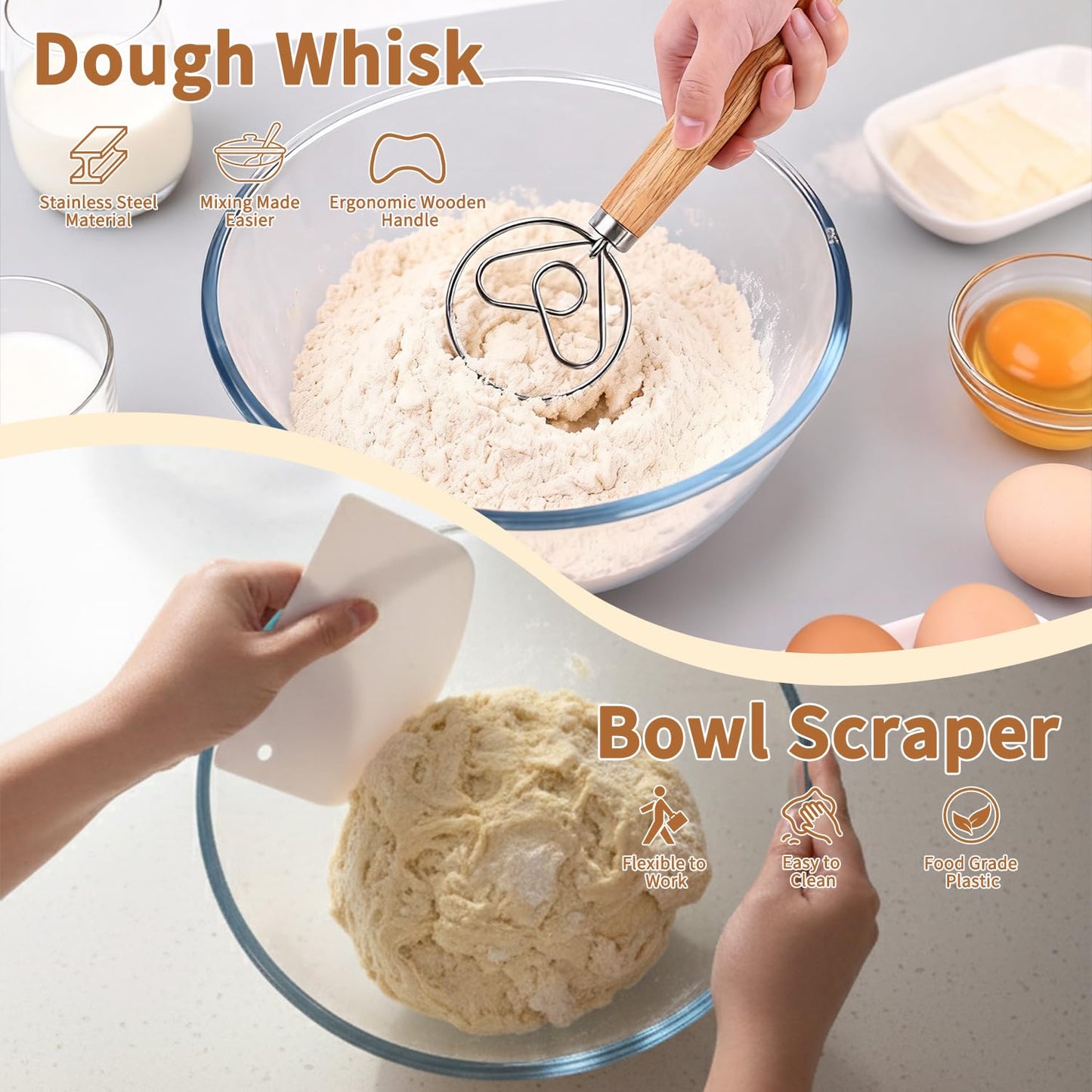 Fvbber Danish Dough Whisk Set 7 Piece with Wooden Handle - Sourdough Baking Supplies Kit Includes Bread Whisk, Scoring Tool, Dough Scraper, Baking Mat & Pastry Brush - Top Gadgets for Bakers