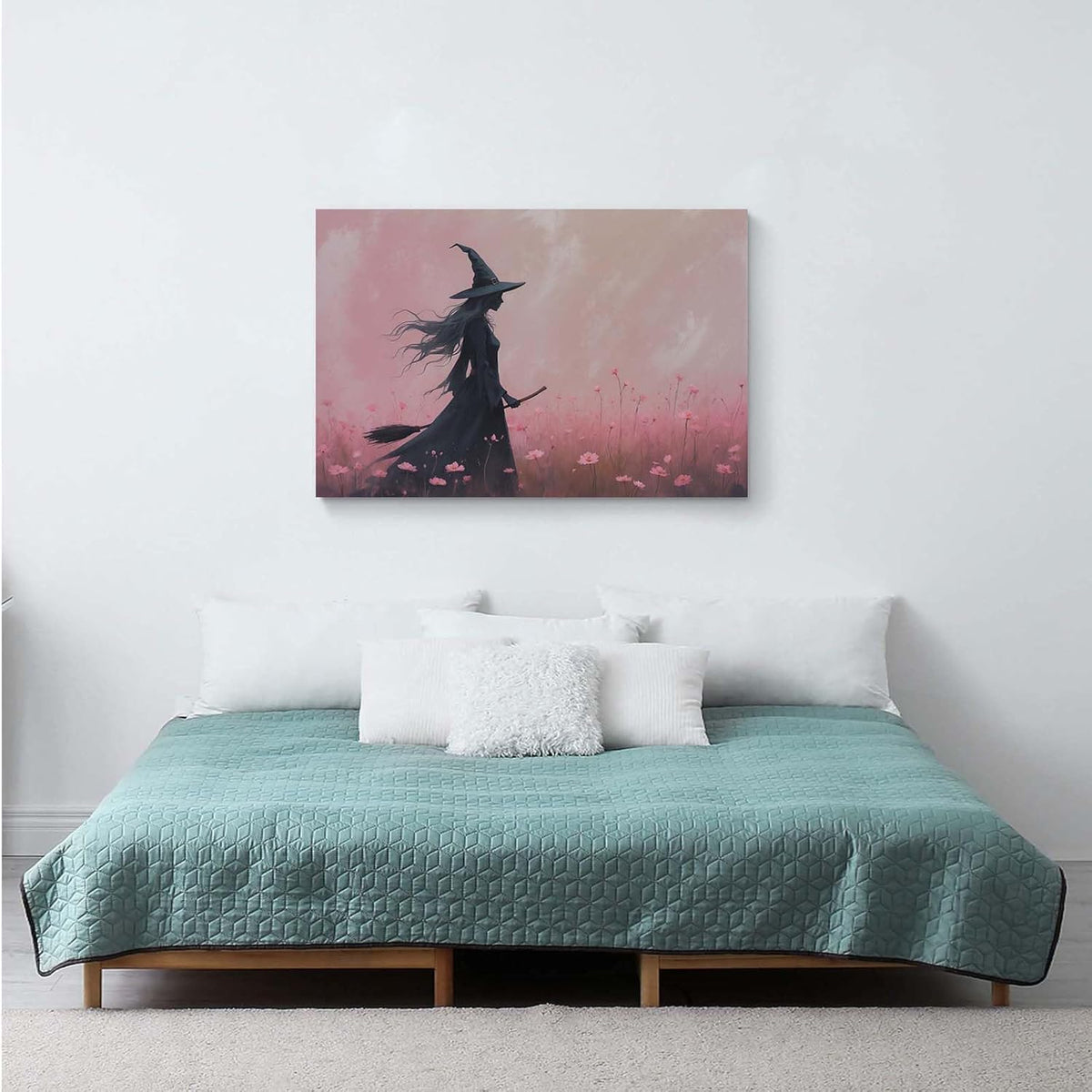 Witch in the pink sea of flowers Halloween prints weird flowers wall art silhouette painting fashionable romantic decoration suitable for bedroom24x36in Wood Framed