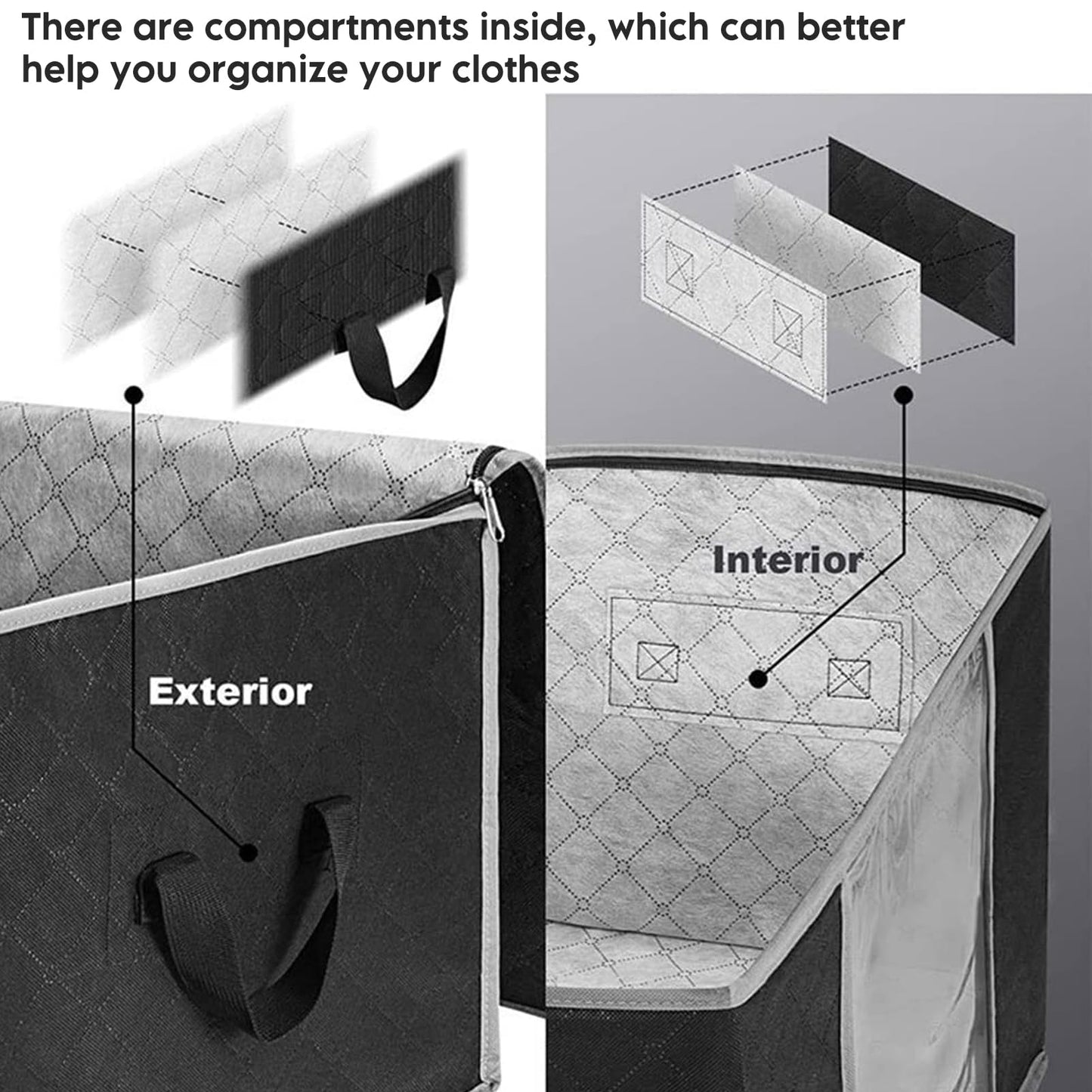 Large-capacity transparent double-window compartment clothing storage bag, foldable storage bag with zipper, suitable for organizing and storing clothes, quilts and pillows, 4-piece set (Black)