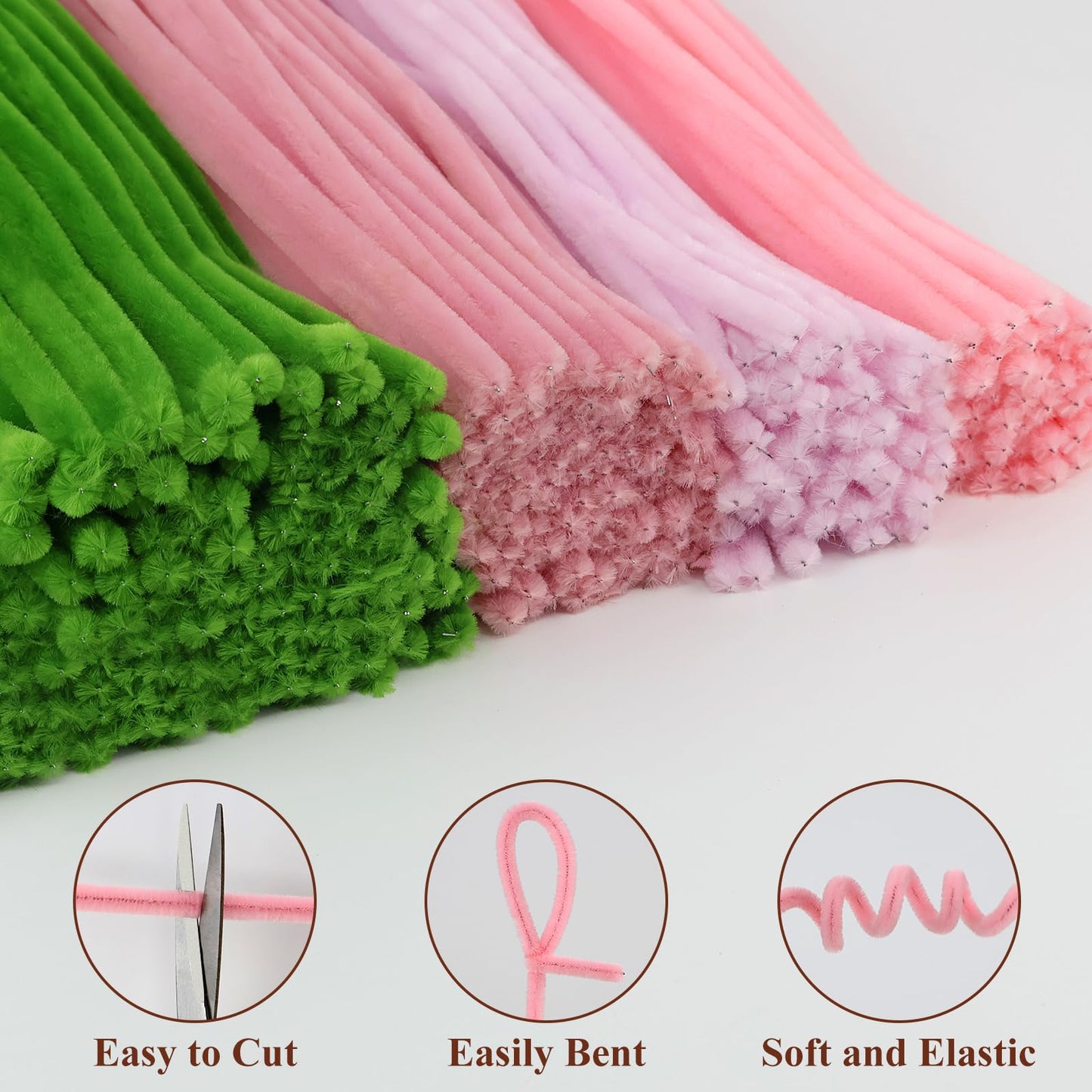 CHRORINE 320 Pcs Pipe Cleaners Bulk Pipe Cleaner Flower Kit Craft Supplies Soft and Flexible Creative Suitable for Art DIY Packaging and Decoration- Green, Light Pink, Pink, Dark Pink