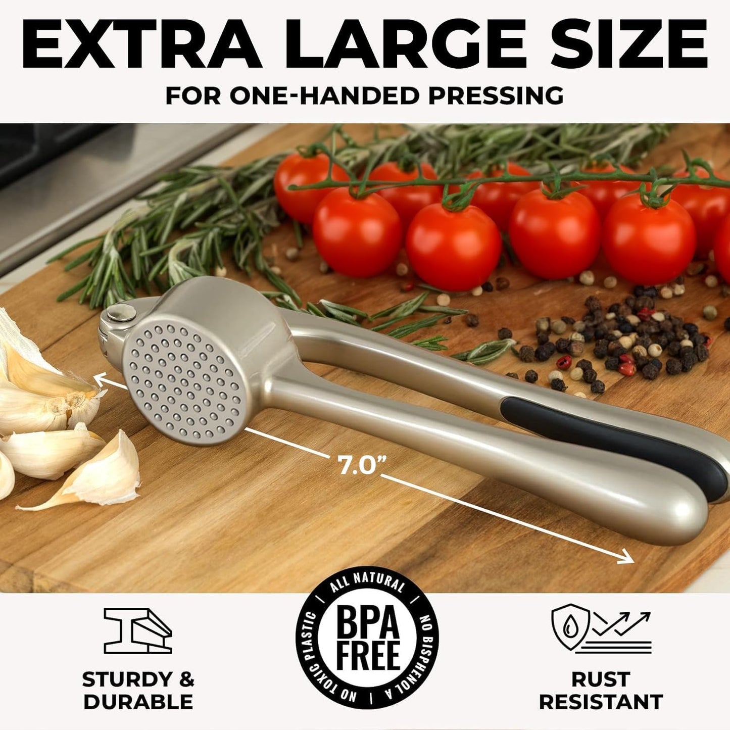 Zulay Kitchen Large Premium Garlic Press Set - Bigger Bowl for Bigger Garlic - Rust Proof Garlic Mincer Tool - Easy-Squeeze, Easy-Clean Silicone Garlic Peeler & Brush (Silver)