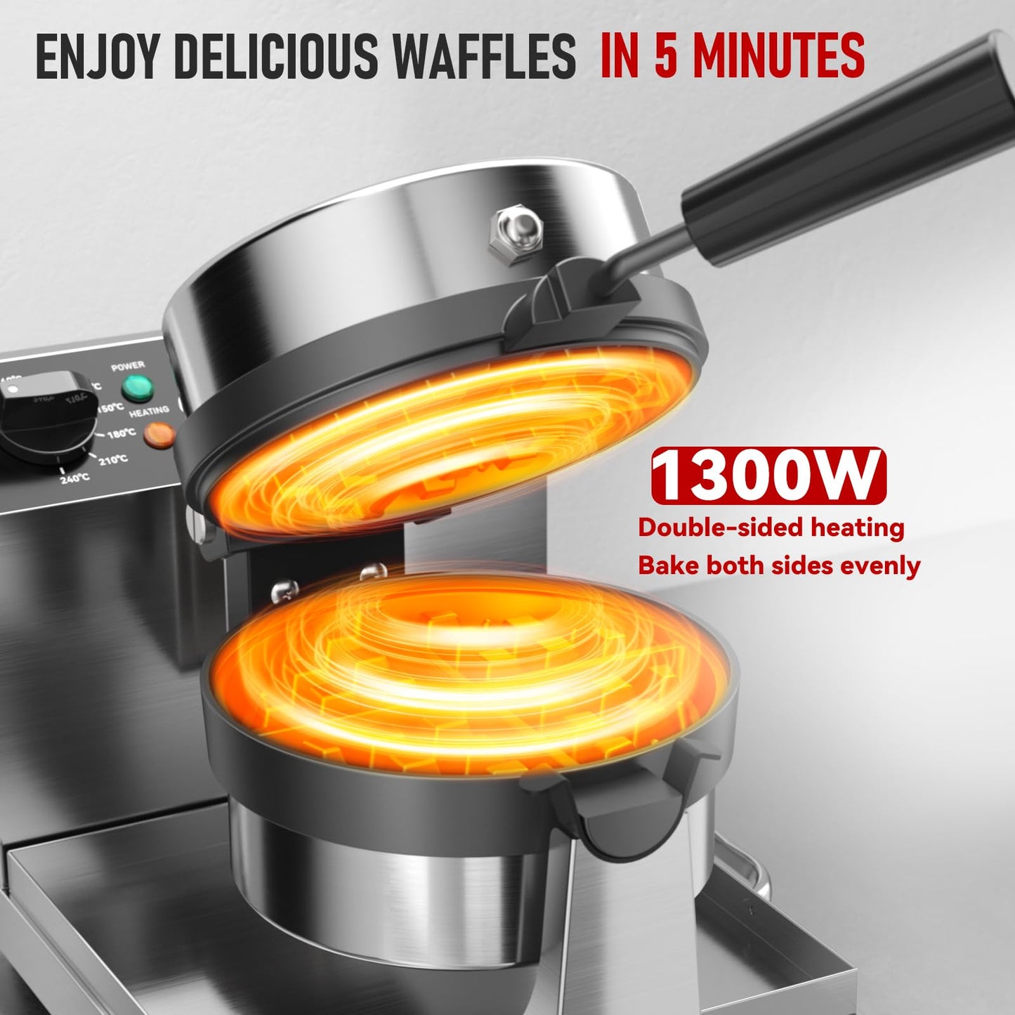CROSSON Commercial Waffle Maker,Professional Round Belgian Waffle Maker Rotating 180° Non-Stick Plate Machine with Temp and Time Control for Restaurant Bakeries Kitchen 120V/1300W