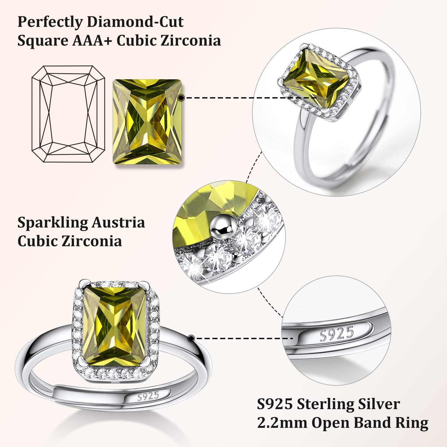 Bestyle 925 Sterling Silver Infinite Birthstone Rings August Square Peridot Crystal Rings, Dainty Love Statement Rings Adjustable, Minimalist Ring Gift on Birthday/Valentines/Thanksgiving/Christmas