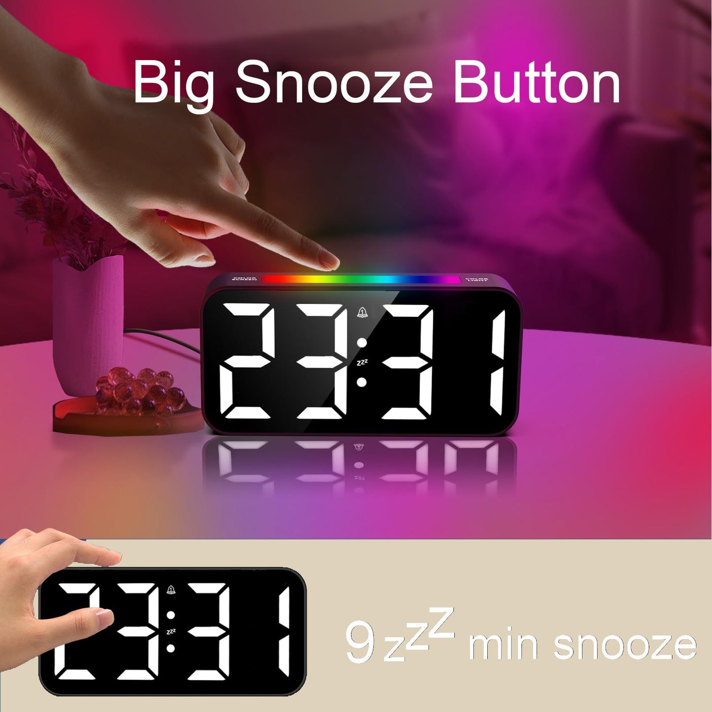 Topski Loud Alarm Clocks for Bedrooms Heavy Sleepers, Plug-in Digital Bedside Clock with RGB Night Light, Large Display, Dual Alarm, Snooze, Dimmable, 3 Volumes