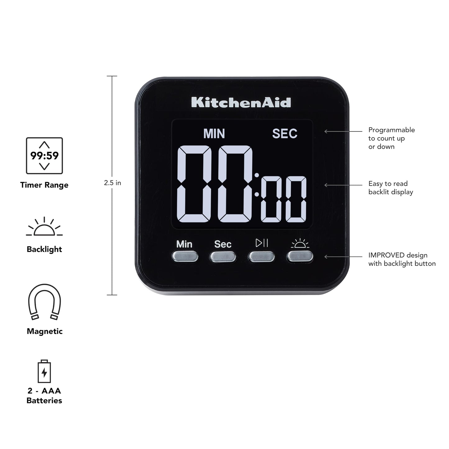 KitchenAid KQ912 99M Digital Single Event Magnetic Visual Timer with Backlight, Cooking, Classroom, Egg Timer, Black