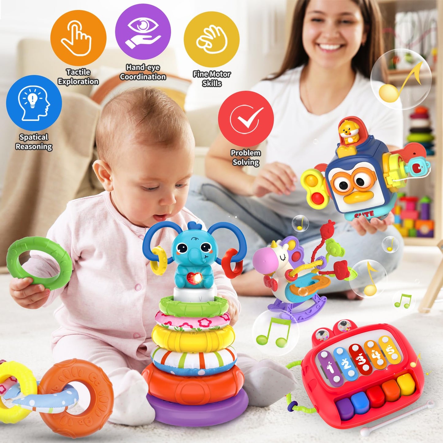 usrela 4 in 1 Baby Toys for 6 12 18 Month, Learning Toys for Babies 6-12 Months, Busy Cube, Stacking Sorter, Piano Xylophone Pull String Travel Toy, Birthday Gifts for Toddlers 1 2 Years Old