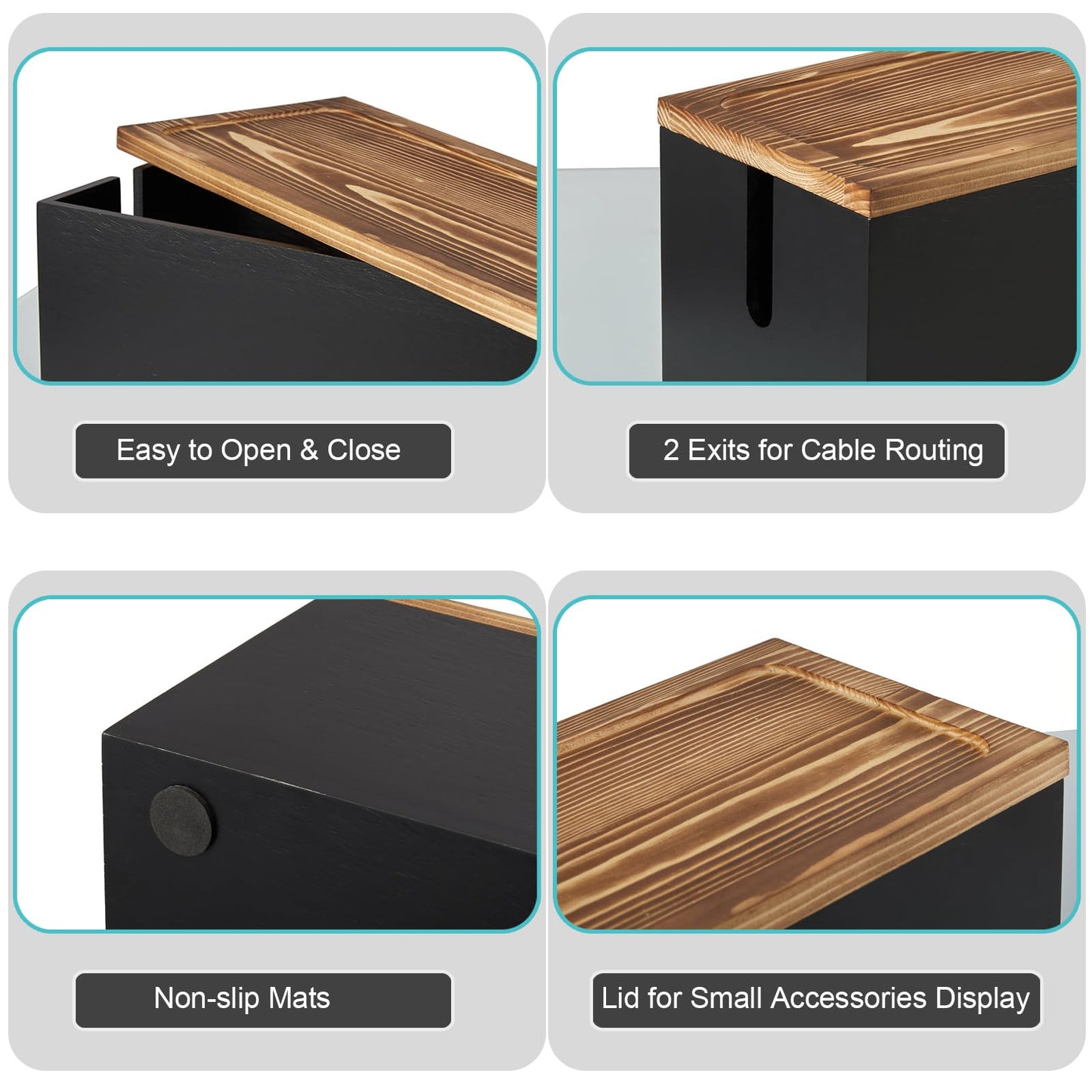 Bivvclaz Large Cable Management Box, Wooden Cord Organizer Box for Desk, Floor, Office to Hide Extension Cords Power Stripes Surge Protectors Chargers Wires, Black