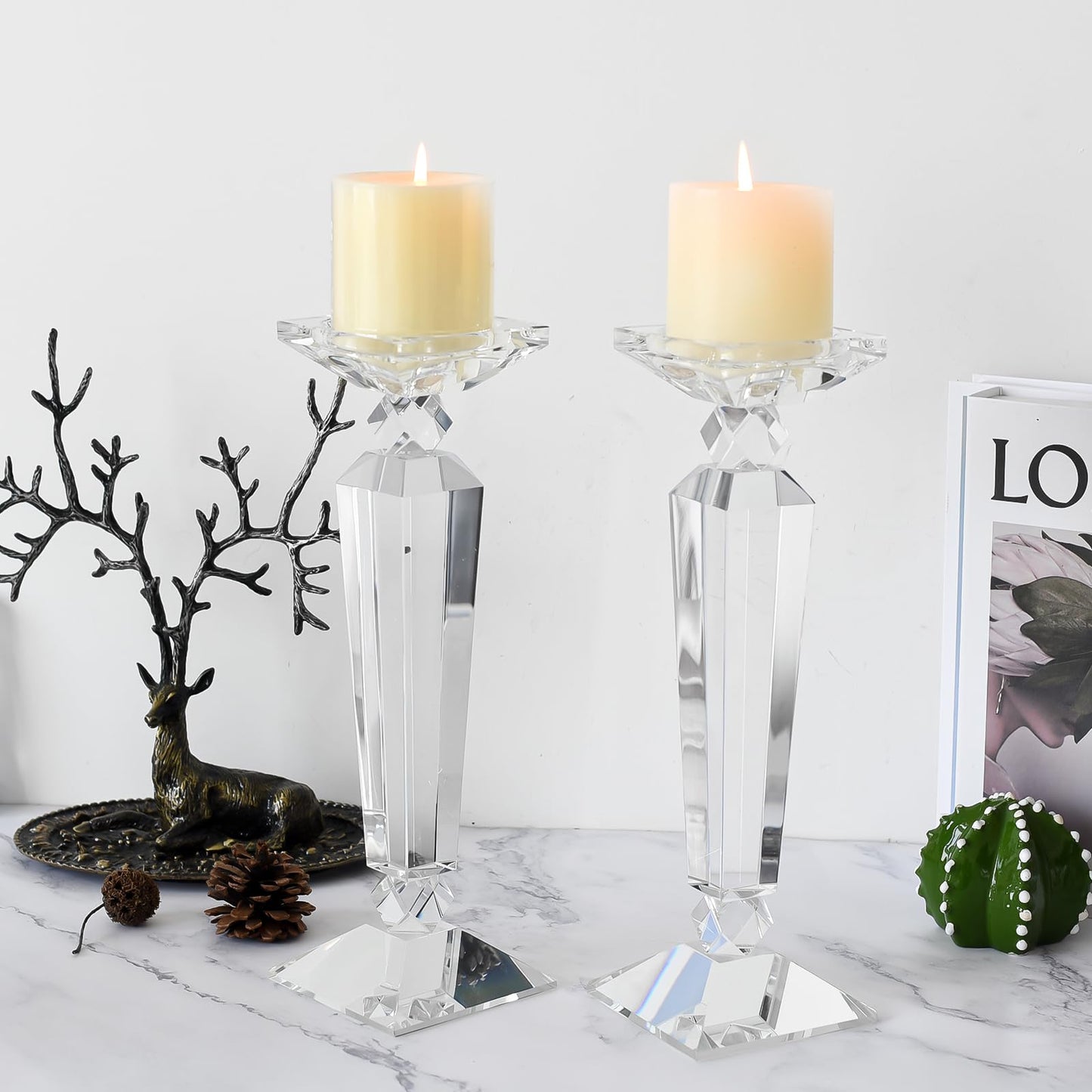 Crystal Candle Holders Set of 2,Crystal Taper/Pillar Candlestick Holders,Ultra Elegant & Modern Centerpiece Home Décor,Wedding(12inch Tall)