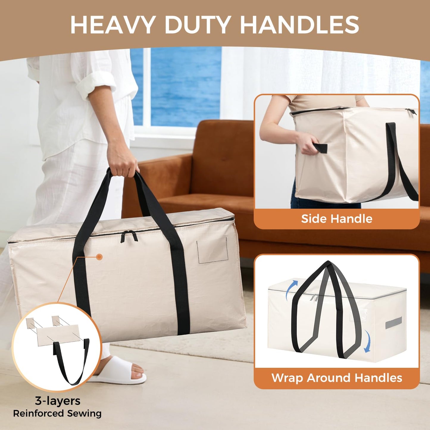 BAGAIL Heavy Duty Moving Bags with Strong Handle, Extra Large Moving Boxes, Storage Tote for Clothes, College Moving Supplies(Beige, 12 Pack)