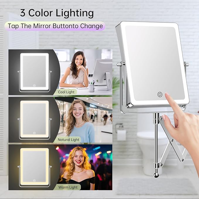 FASCINATE 5000mAh Rechargeable Wall Mounted Makeup Mirror with Lights, 8.7 Inch Double Sided Touch Switch 1X 30X Magnifying Bathroom Mirror, 3 Color Lights Dimmable Extended Arm 360°Rotation (Chrome)