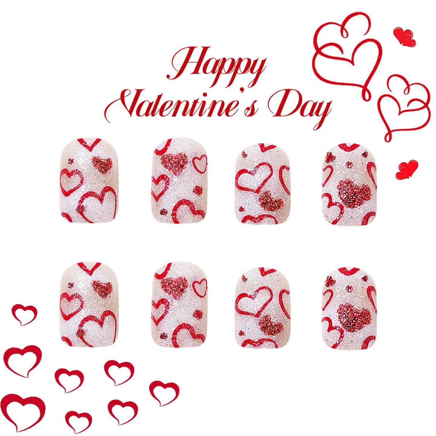 24 Pcs Valentines Nails - Press On, Short Square Heart, Full Cover, Glitter Design, Acrylic, Red, False Nails - Glue On, DIY Manicure