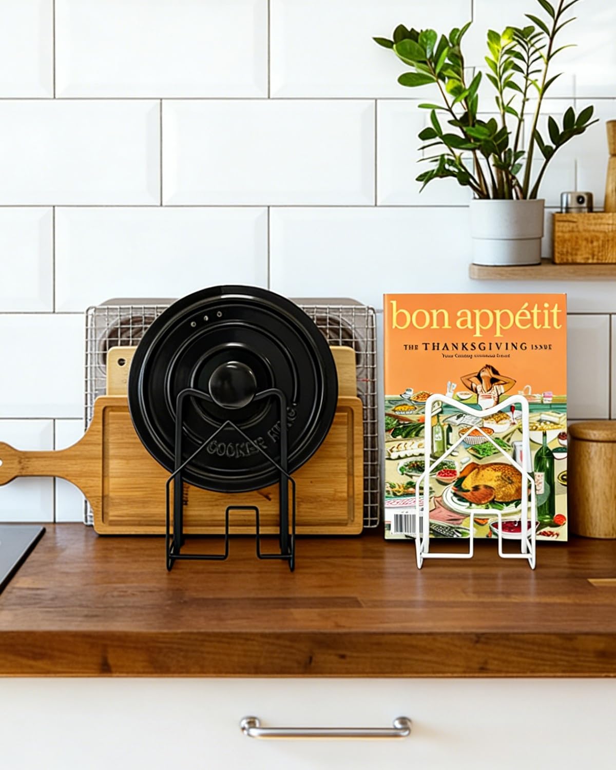 SUNFICON Cutting Board Rack Chopping Board Organizer Pot Pan Lids Holder Thin Bakeware Baking Tray Drying Display Stand Kitchen Countertop Cupboards Cabinet Office Sturdy Metal 4.92x5.7x8.47 in.White