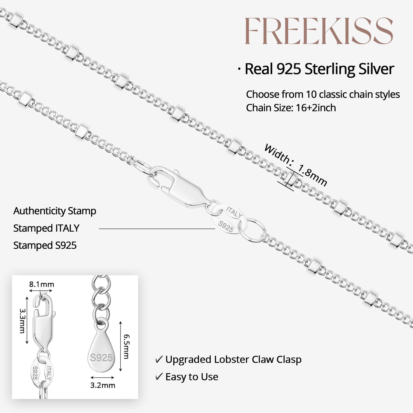 Freekiss 925 Sterling Silver Satellite Chain Necklace for Women Trendy 16+2 Inch Adjustable Dainty Layered Cuban Beaded Chain Choker Necklace Thin Simple Stackable Silver Jewelry Gift