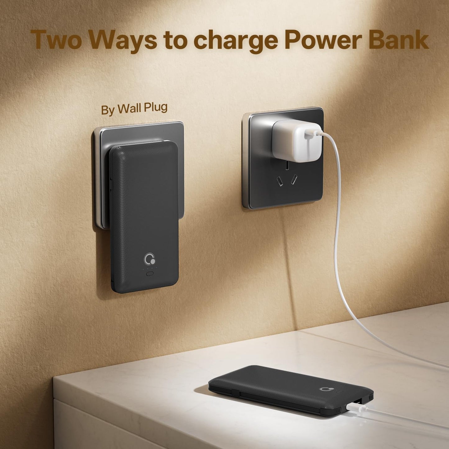 Brand Q Portable Charger with Built-in Cables and AC Wall Plug,Slim USB C Travel Essential Power Bank 10000mAh,External Battery Pack Compatible with iPhone,Samsung,Tablet and All Smart Phones