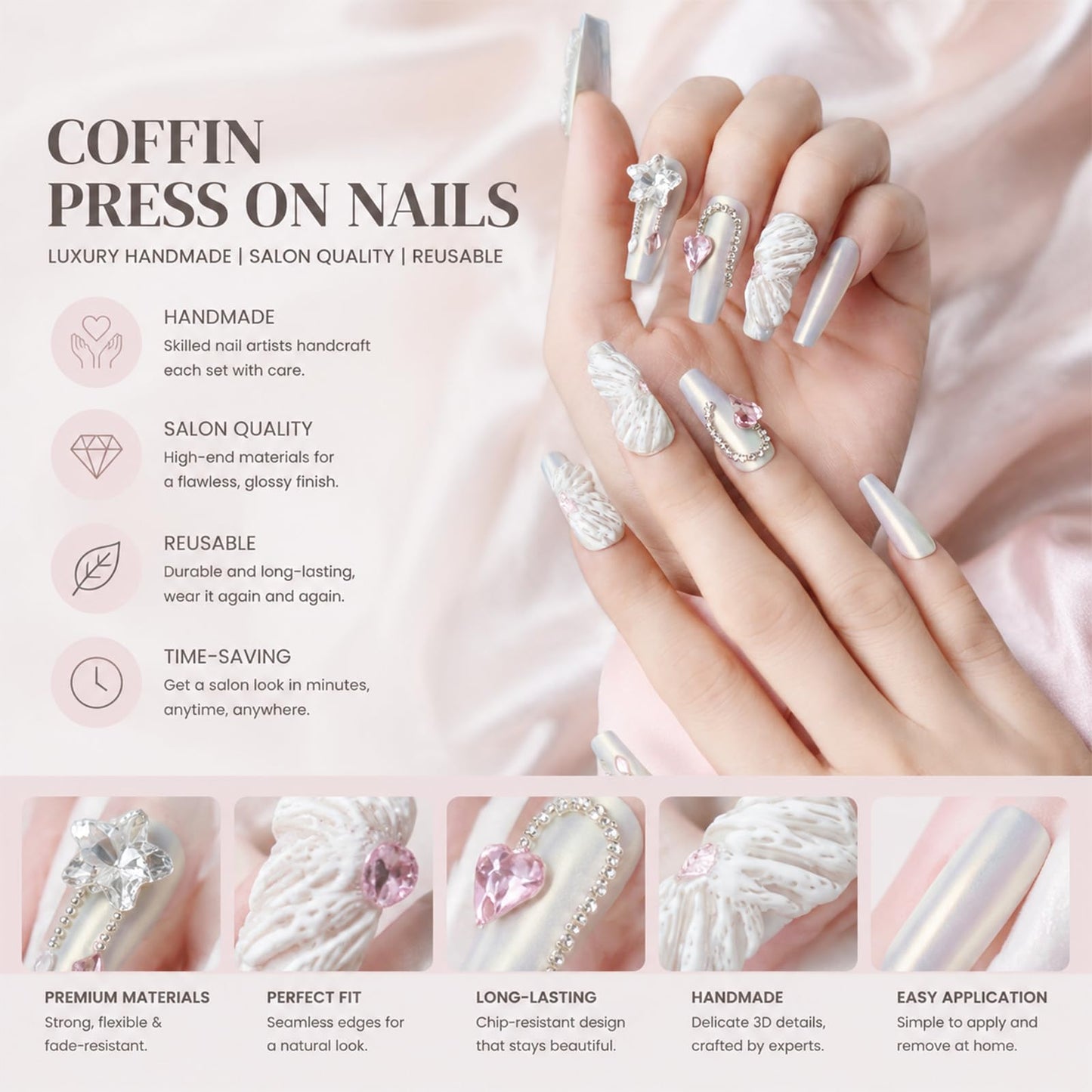 Handmade Nails, Coffin White Nails, 3D Artificial Rhinestone Press On Nails, Luxury Press On Nails, Gifts For Women, COOLYOUNG 10 PCS, Size L