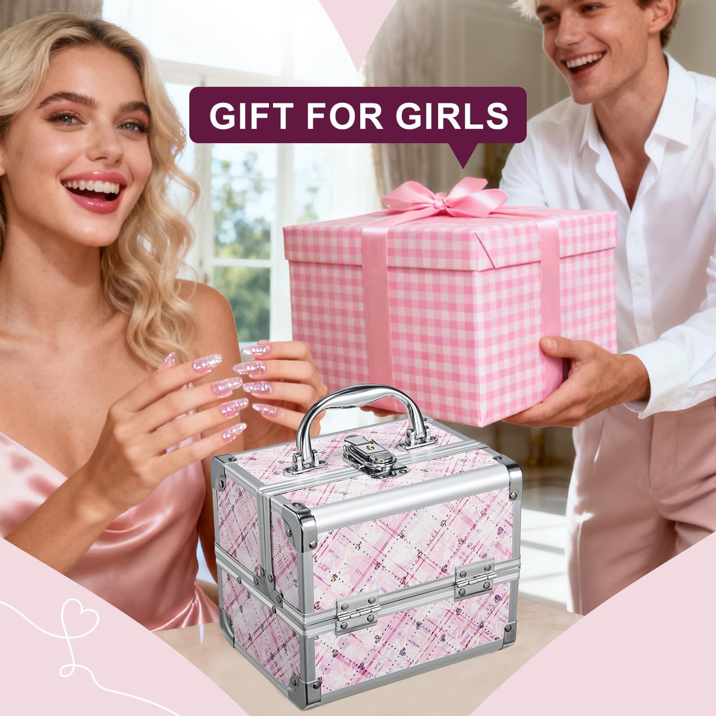 FRENESSA Makeup Train Case Portable Makeup Case Organizer Cosmetic Box Make Up Box Makeup Organizer Cases with Mirror Locking Nail Kit Organizer Travel Case Pink Plaid