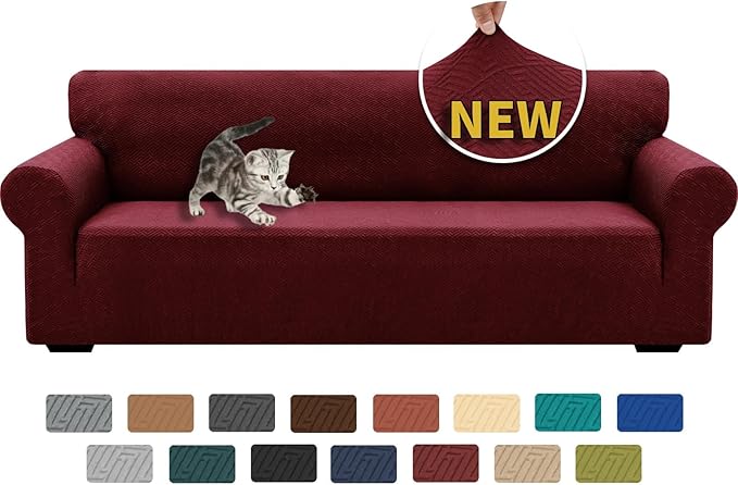 XINEAGE 2026 New Extra Large Couch Cover for 3 Cushion Couch (91"-110") 1 Piece Stretch Oversized Sofa Slipcovers Jacquard 4 Seater Furniture Protector Elastic Bottom for Kids,Pet (XL Sofa, Wine Red)