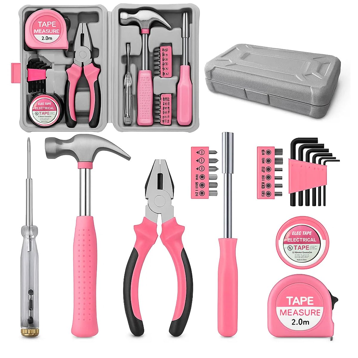 24 Pieces Pink Home Tool Set, mini Tool Box Basics Household Tool Kit Box for Men and Women DIY