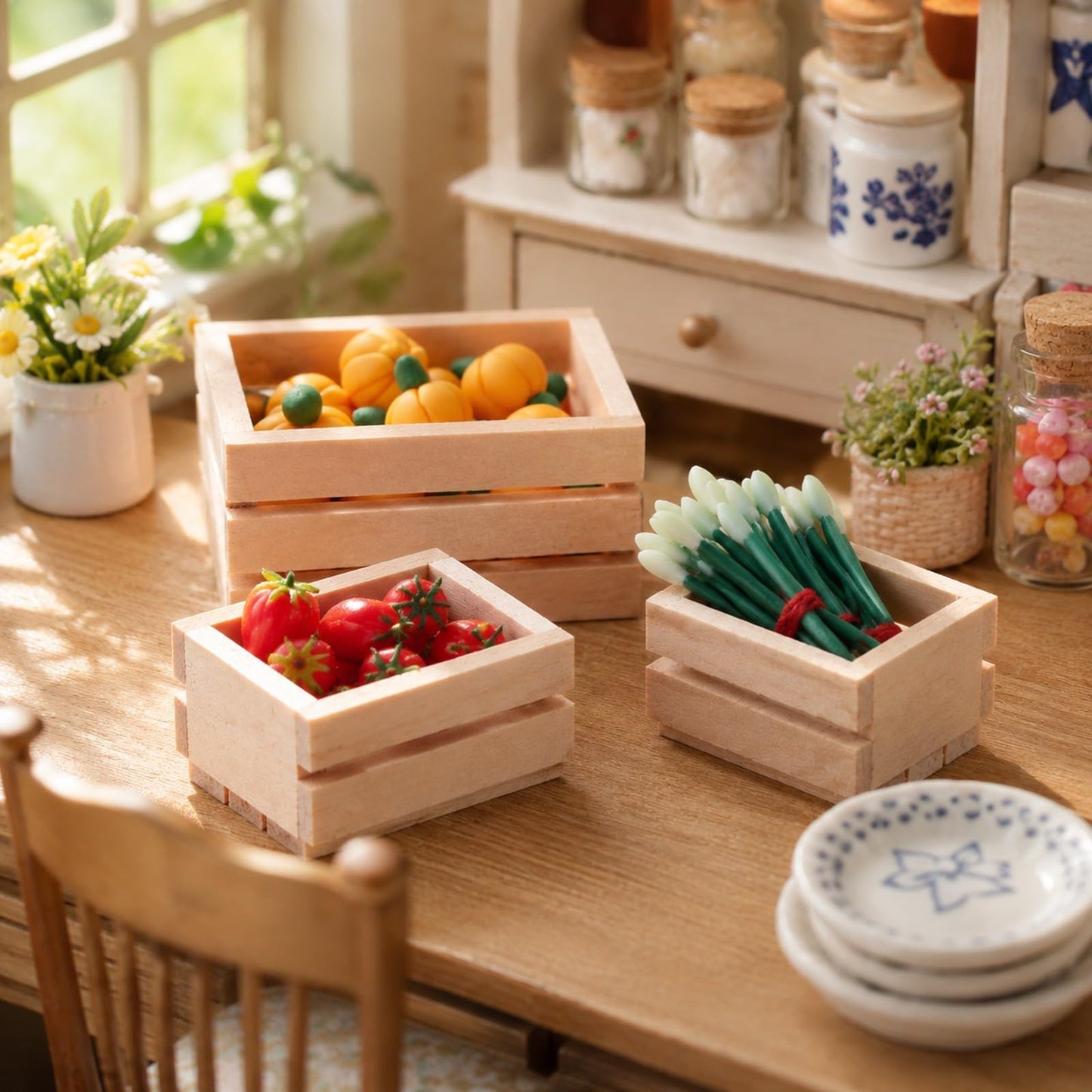 LOGOFUN 3pcs Dollhouse Mini Storage Basket Miniature Wooden Milk Crate 1/12 Tiny Fruit Baskets Model for Dollhouse Accessory - 1.2 * 0.9 & 1.9 * 1.6inch