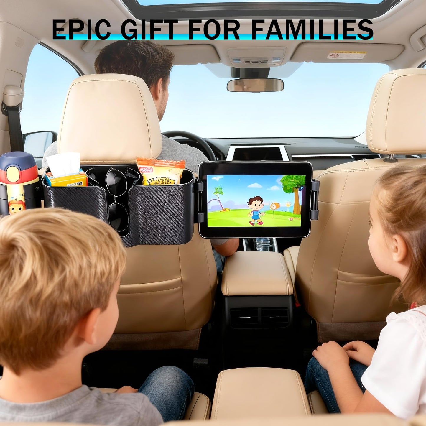 Boost 3 in 1 Car Backseat Organizer, Back Seat Storage with Cup Holder, Tissue Box, Tablet & Phone Holder Hooks, Travel Accessories for Kids Trips, Family Rides & Daily, Essential Accessory