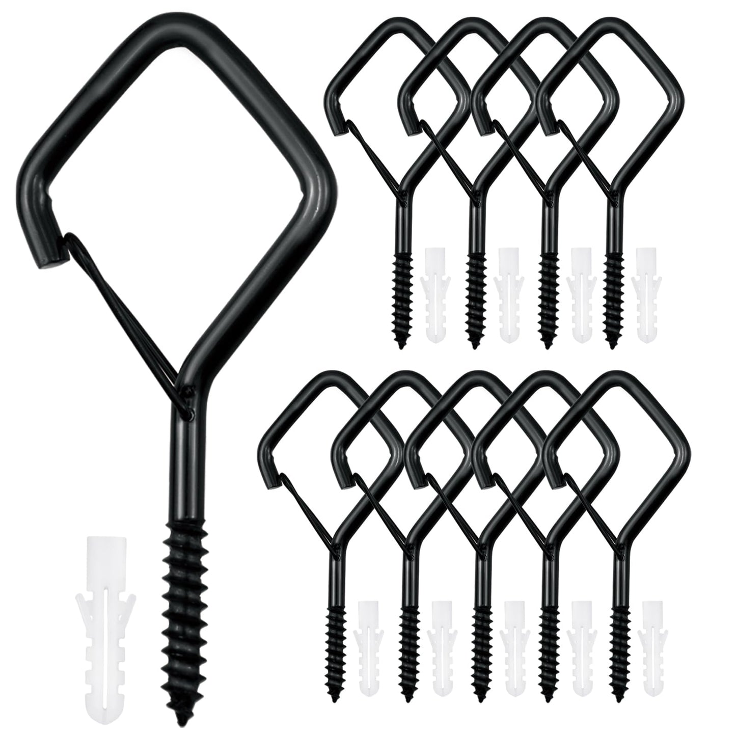 10 PCS Black Eye Screw Hooks, 4 Inch Ceiling Hooks for Hanging Heavy Duty Items with Safety Buckle – Metal Eye Bolt Hooks for Hanging Plants, Wind Chimes, Bird Feeders, String Lights, and More