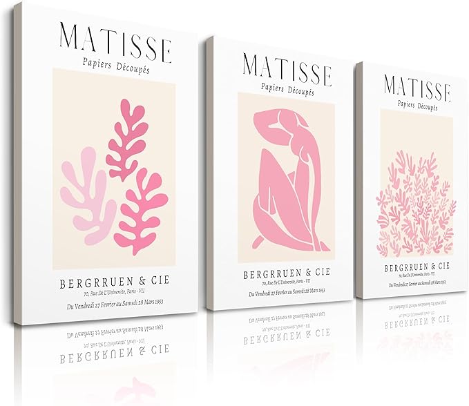 HesenDot Framed Matisse Pink Wall Art Set of 3,Minimalist Wall Decor,12x16IN Canvas Prints,Boho Cute Art Poster Home Decoration for Bathroom Bedroom