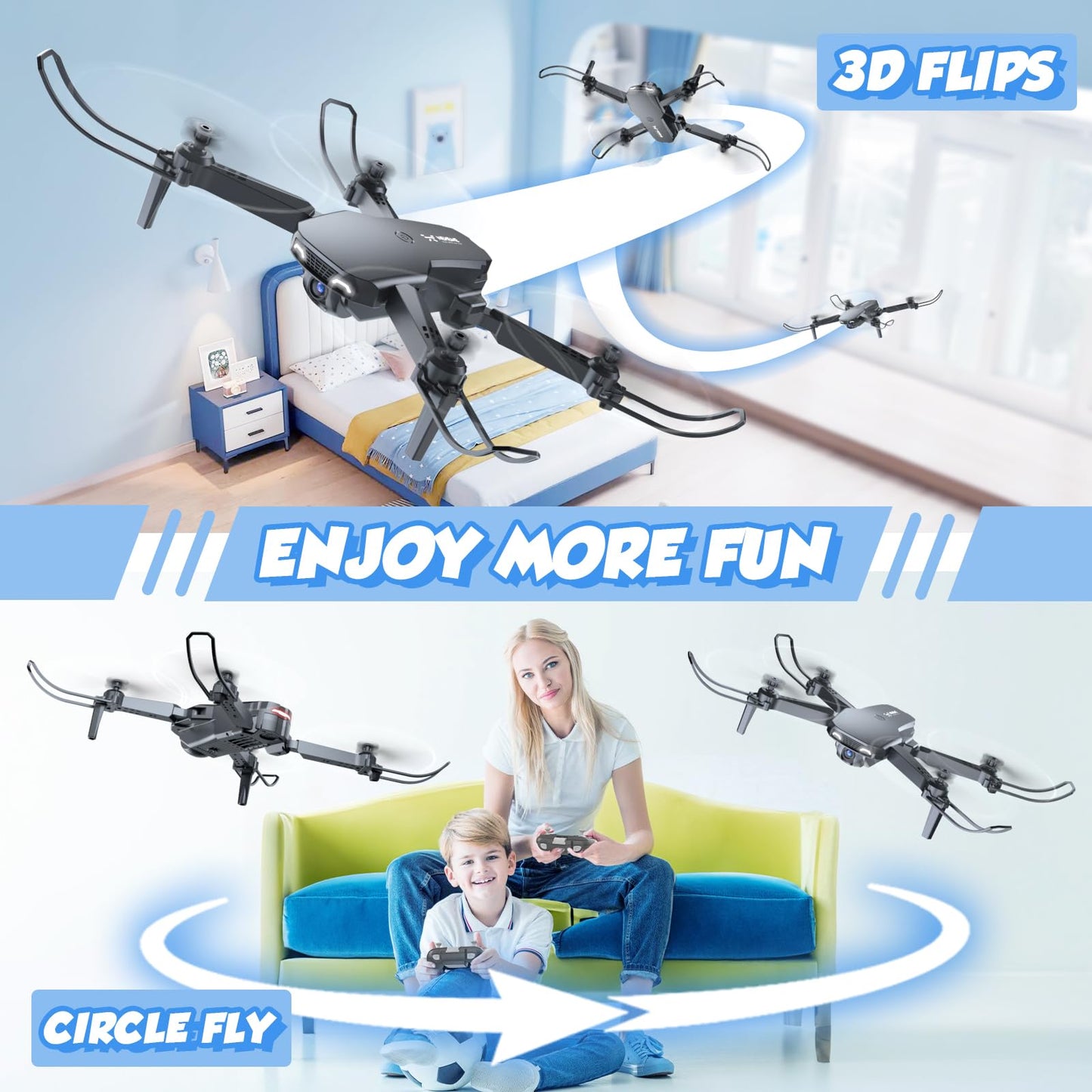 Drone with Camera for Kids Adults Beginners - 1080P HD RC Quadcopter with One Key Start/Land, Altitude Hold, Gravity Control, 2 Batteries, Cool Toys Gifts for Boys Girls, Black