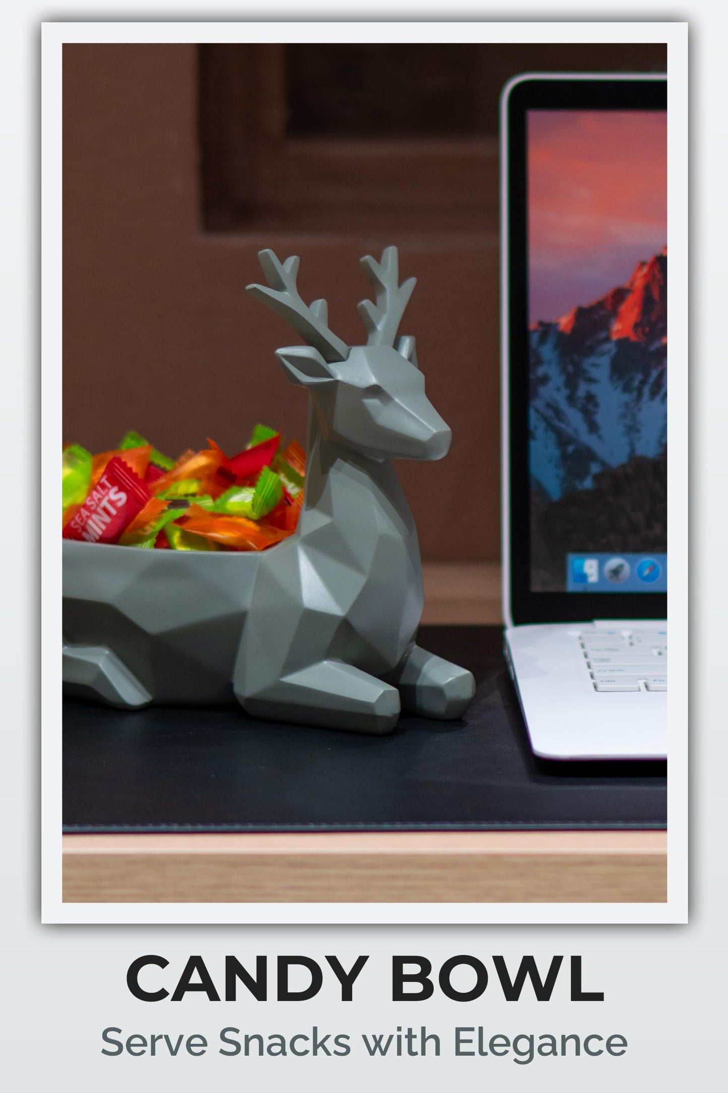 Fuzrea Low-Poly Deer Statue, Gray Resin Deer Candy Bowl & Key Holder, Reindeer Candy Dish Home Decor for Living Room, Office, Dining Table, Shelves, Entryway