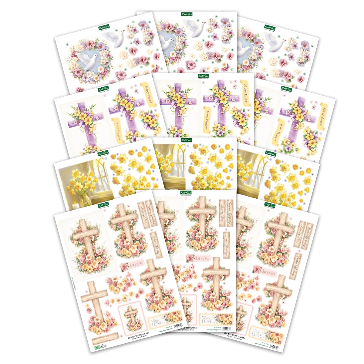 Katy Sue Easter Blessings Die-Cut Decoupage Sheets. A Pack of 12 Sheets of Die Cuts for Card Making Supplies, Craft Supplies & Scrapbooking with Crosses, Daffodils, Flowers, & Doves