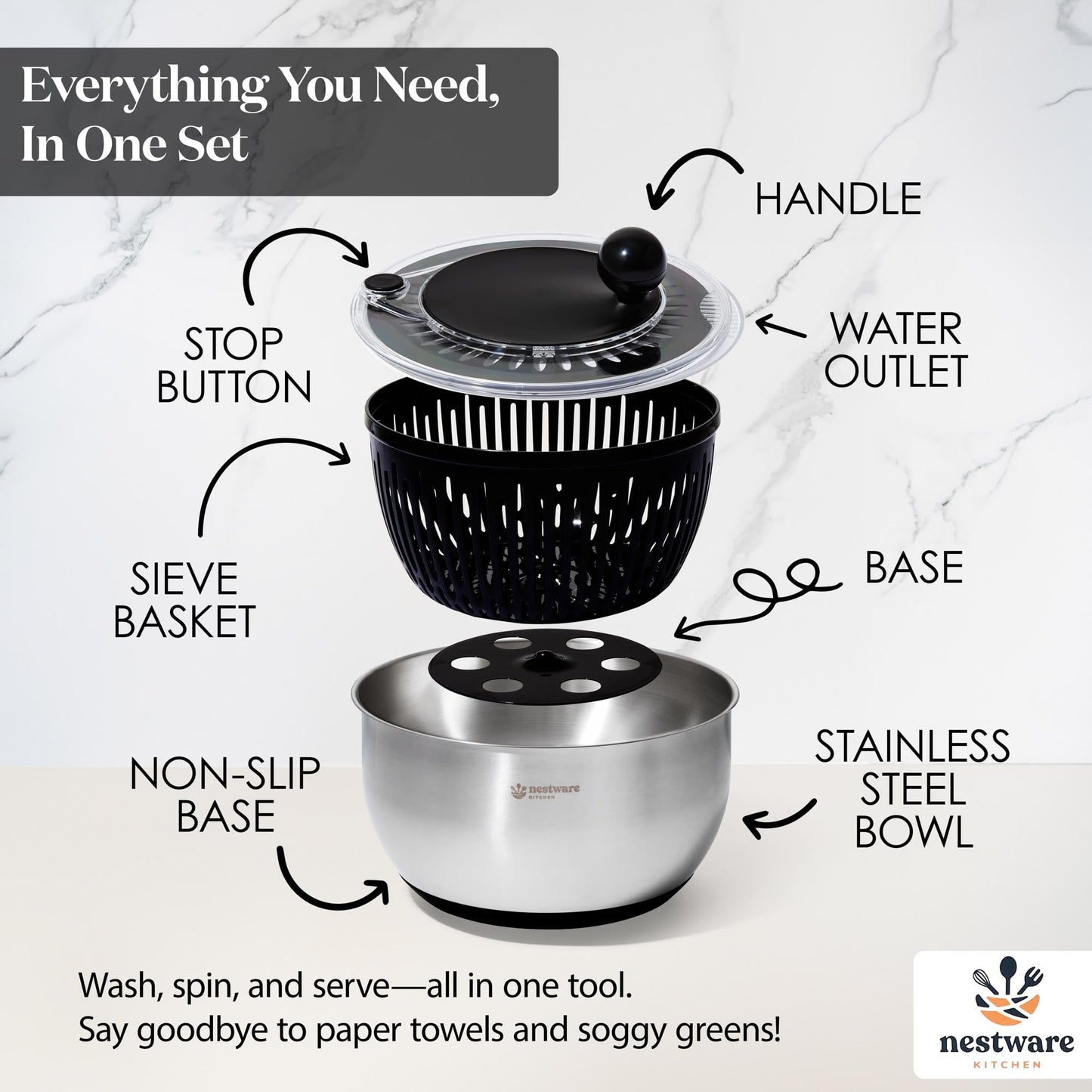 Nestware Kitchen Stainless Steel Salad Spinner, Lettuce, Vegetable & Fruit Dryer, 5L Capacity, Non-Slip Base (304 Stainless Steel - Black)