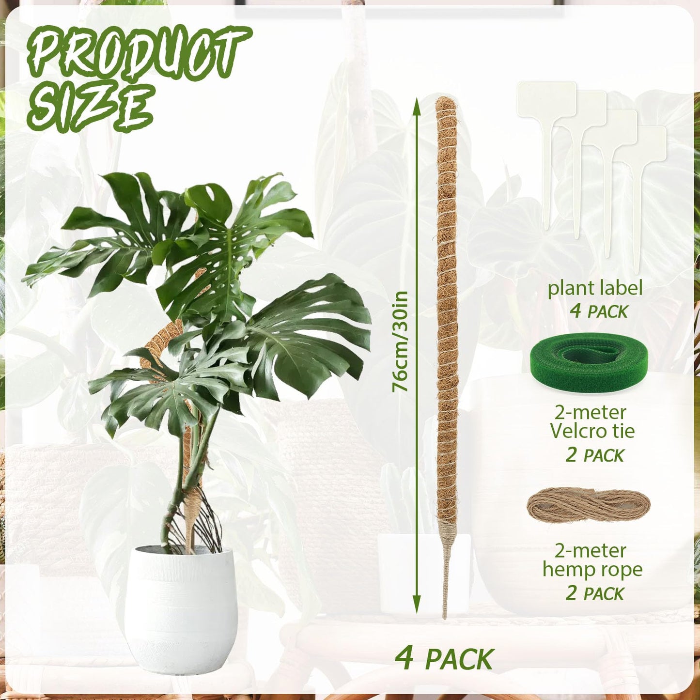 Deergo 4Pack 30 Inch Moss Pole, Bendable Moss Pole for Plants Monstera Coco Coir Plant Support Pole for Small Climbing Plants Grow Up, Brown