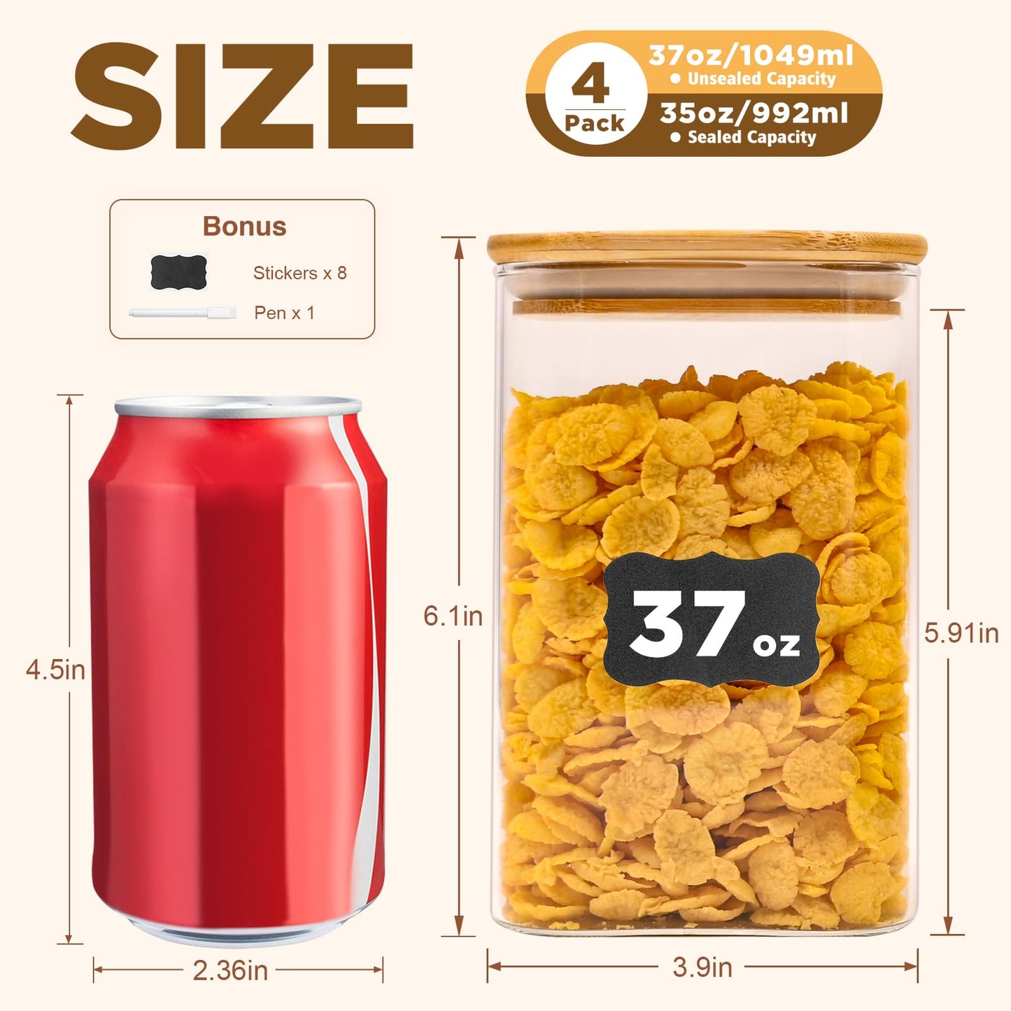 SHOWIN Glass Food Storage Jars Square 37oz, 4 Pack Glass Jars With Bamboo Lids, Kitchen Storage Containers For Spice, Candy, Cookie, Storage For Pantry Organizers