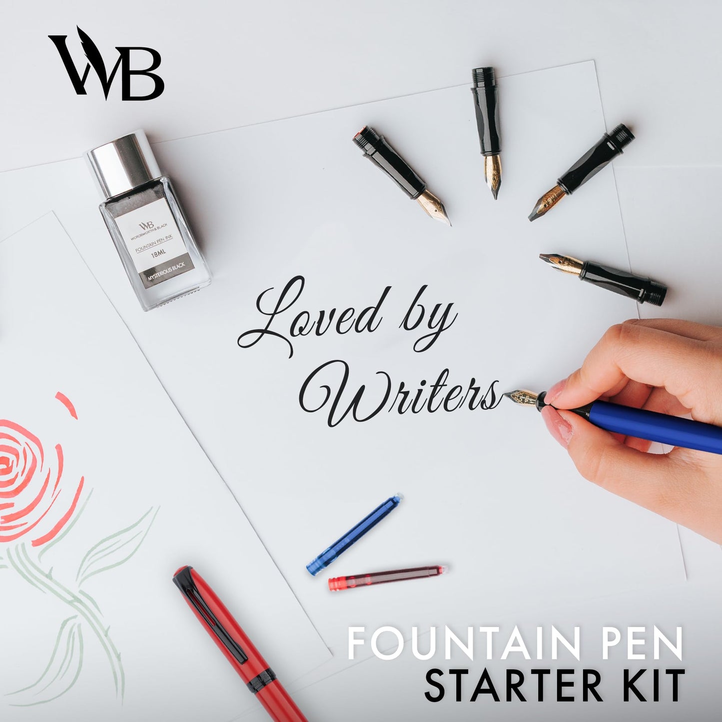 Wordsworth and Black Fountain Pen Set - Blue - Includes 2 Pens, 18 ML Ink Bottle, 60 Ink Cartridges, A Refill Converter, 1 Medium and 4 Broad Nibs, Brush Pen - Fountain Pen Kit for Beginners
