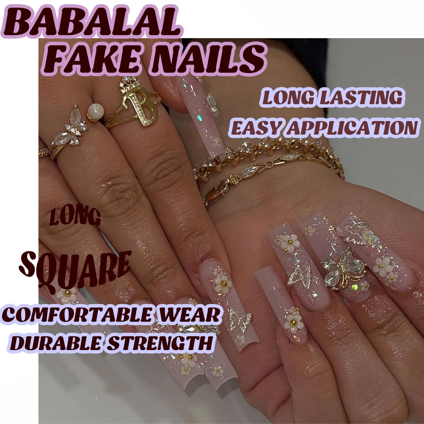BABALAL Long Square Press on Nails - Pink Acrylic Glue on Nails with 3D Butterfly Flower Charms, Glitter Manicure Artificial False Nails for Women & Girls 24pcs