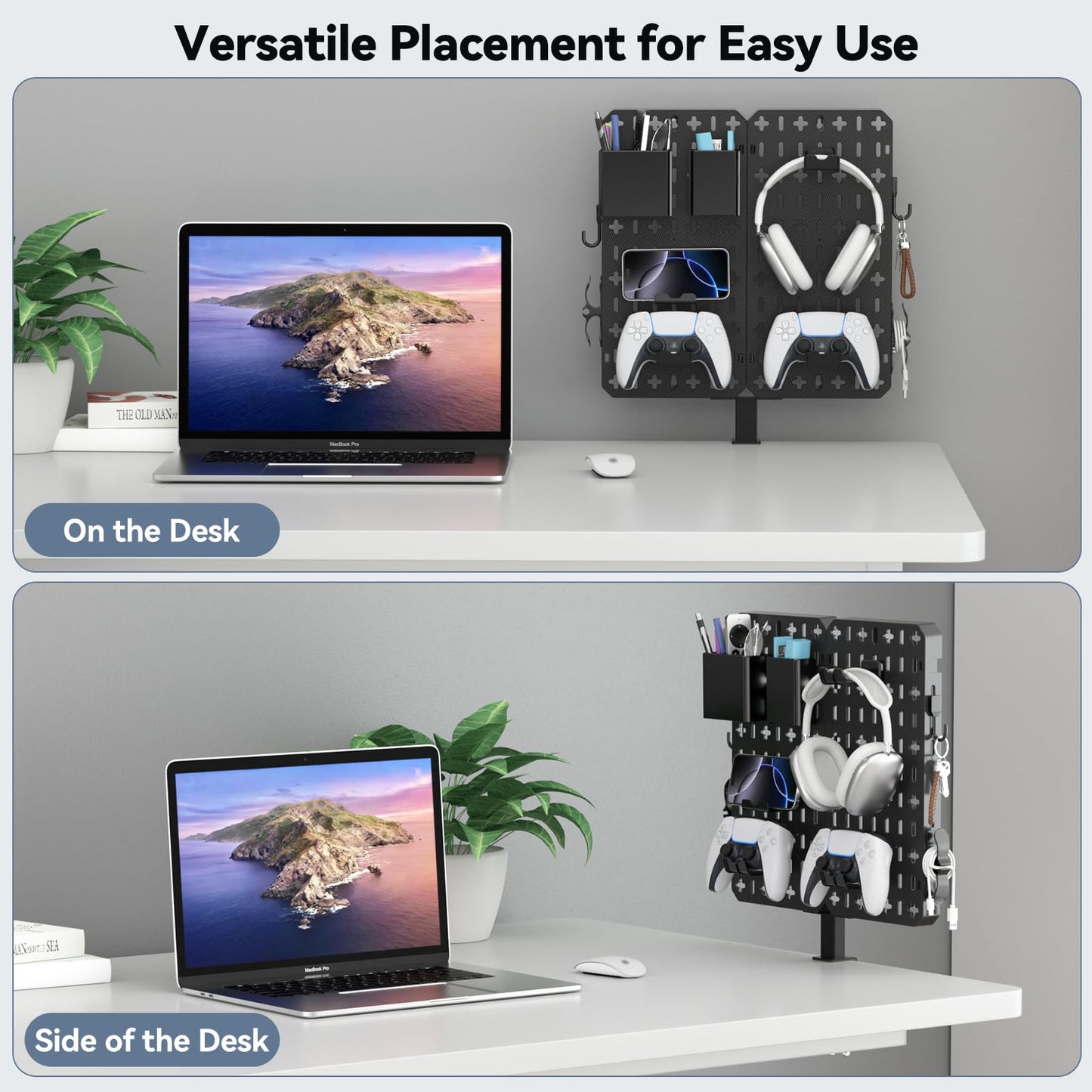 KDD 7 in 1 Clamp-on Desk Pegboard - No Drill Desk Side Storage with Phone Stand/Pen Holder/Storage Box/Headset & Controller Holder/Hooks, Detachable Gaming Pegboard for Office & Home Desktop Organizer