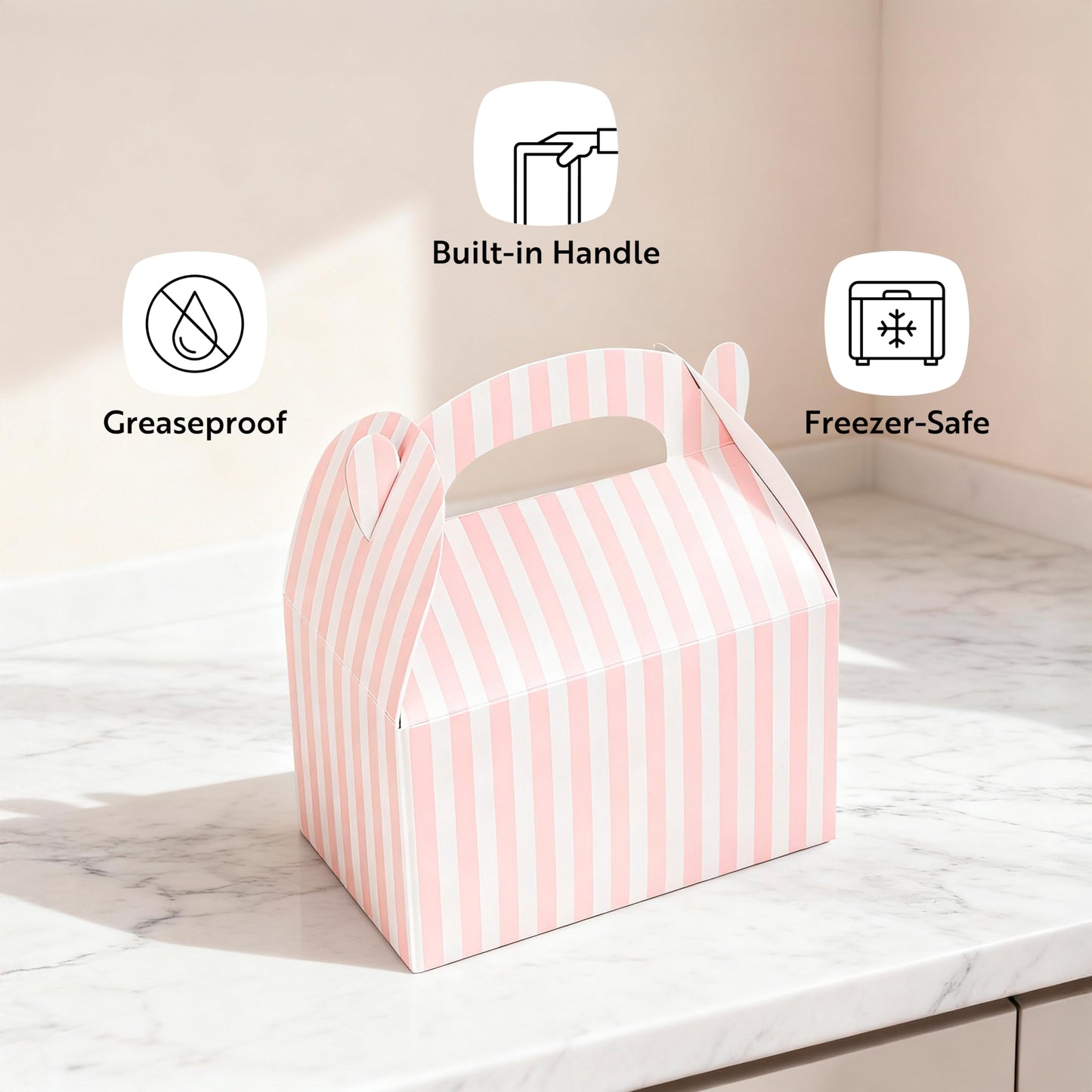 Bio Tek 6 x 3.5 x 3.5 Inch Gable Boxes For Party Favors, 25 Attractive Gift Boxes - Striped Design, With Built-In Handle, Pink And White Paper Barn Boxes, Disposable, For Parties