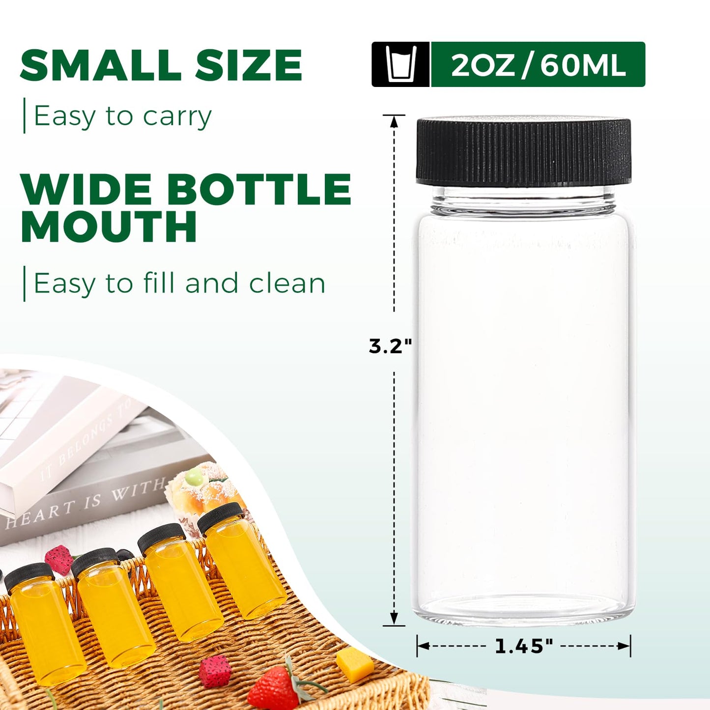 Jarsoph 16 Pcs, 2oz Clear Glass Bottle with Lids, 60ml Small Glass Jar, Leakproof Mini Travel Bottles, Decorative Bottles Set for Juice, Wellness, Spices