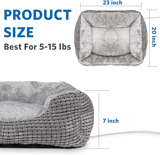 MARUNDA Heated Cats Bed for Indoor Use, Electric Heated Pets Heating for and Small Dogs, Washable Pets Bed with Automatic Heating Pad (23x20x7 Grey)