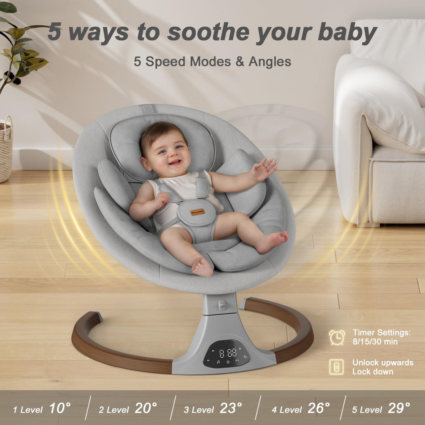 Baby Swings for Infants, Monamii Baby Swing, Bluetooth Infant Swing with Music Speaker, 5 Speeds and Remote Control, Indoor & Outdoor Use (Light Grey)