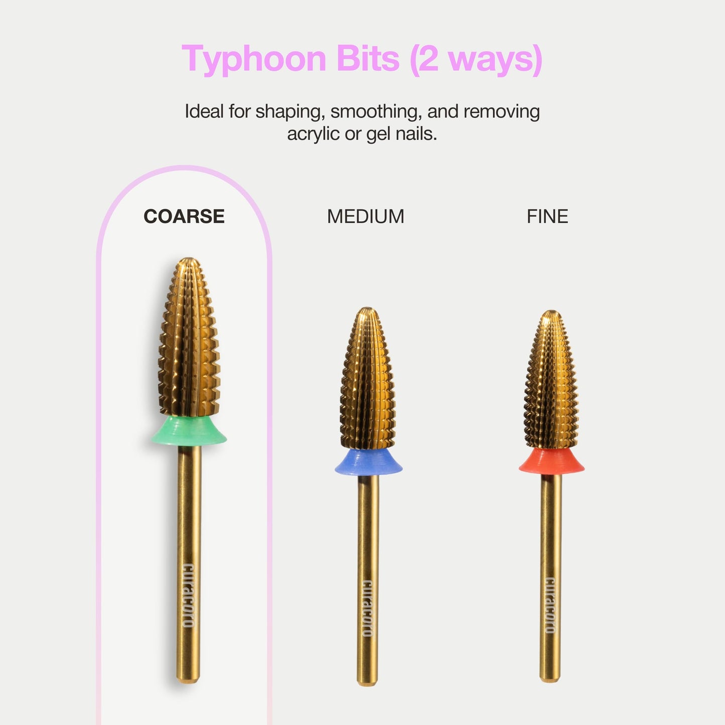 Curacoro Nail Drill Bits 3/32'' - Typhoon Bits, 2 Way, Carbide Bit (Coarse), Fast Remove, Shape & Smooth Acrylic or Gel Nails, Precise Control, for Nail Beds, Nail Art Pedicure Manicure Salon & Home