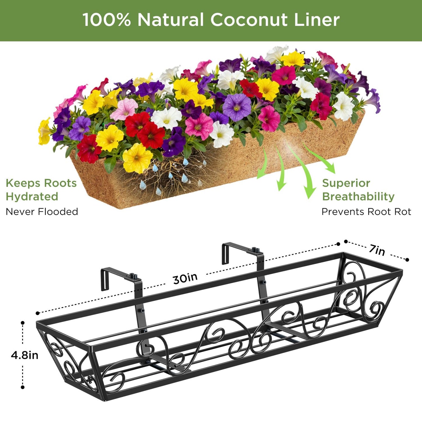LAWYAMAI 2PCS 30 Inch Railing Planter with Adjustable Brackets, Window Box with Coco Liner, Hanging Flower Box for Balcony Deck Fence, Metal, Black