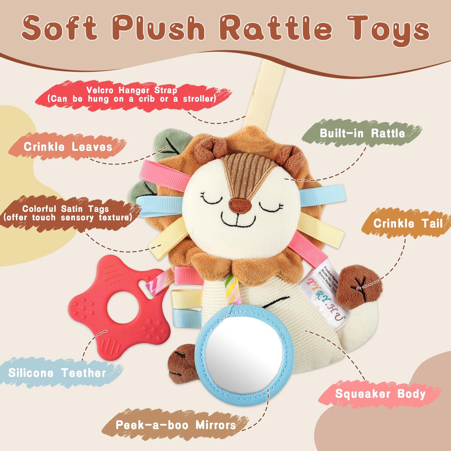 TYRY.HU Car Seat & Stroller Activity Toy,Soft Plush Cot Hanging Toy, Baby Rattle Toy with Strap,Developmental Sensory Toy-Textured Ribbons&Teether&Mirror&Crinkle Sounds for Infants 0 3 6 12 Months