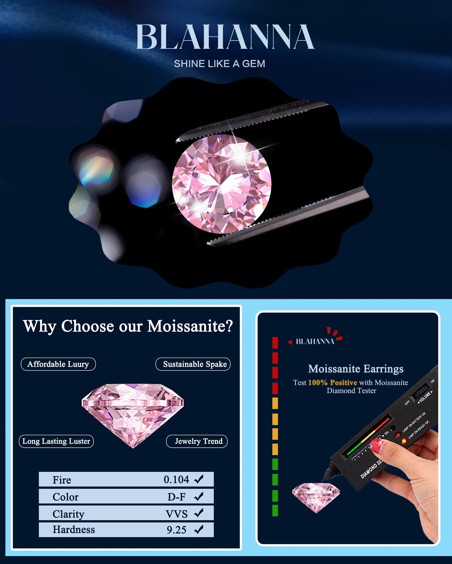 Blahanna Moissanite Earrings,1.0ct-2.0ct D Color Brilliant Round Cut Earrings S925 Sterling Silver Dangle Earrings Moissanite Leverback Drop Earring
