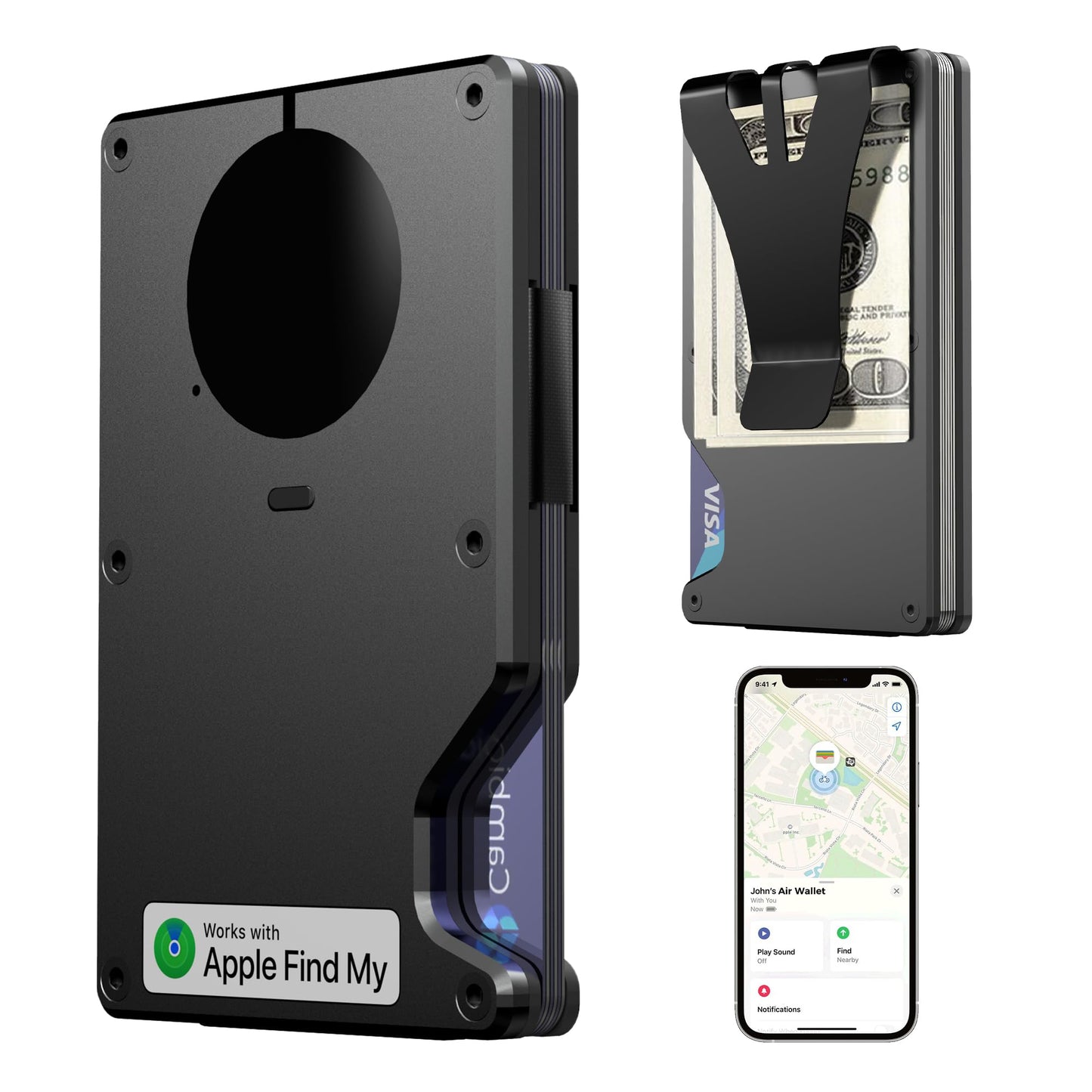 HPSH Air Wallet, Built-in Tracker Slim Wallet, Smart Wallet with Money Clip, Compatible with FindMy Network(iOS Only), Anti-Theft Card Holder, *Gift for Men (Tracker Wallet, Black)