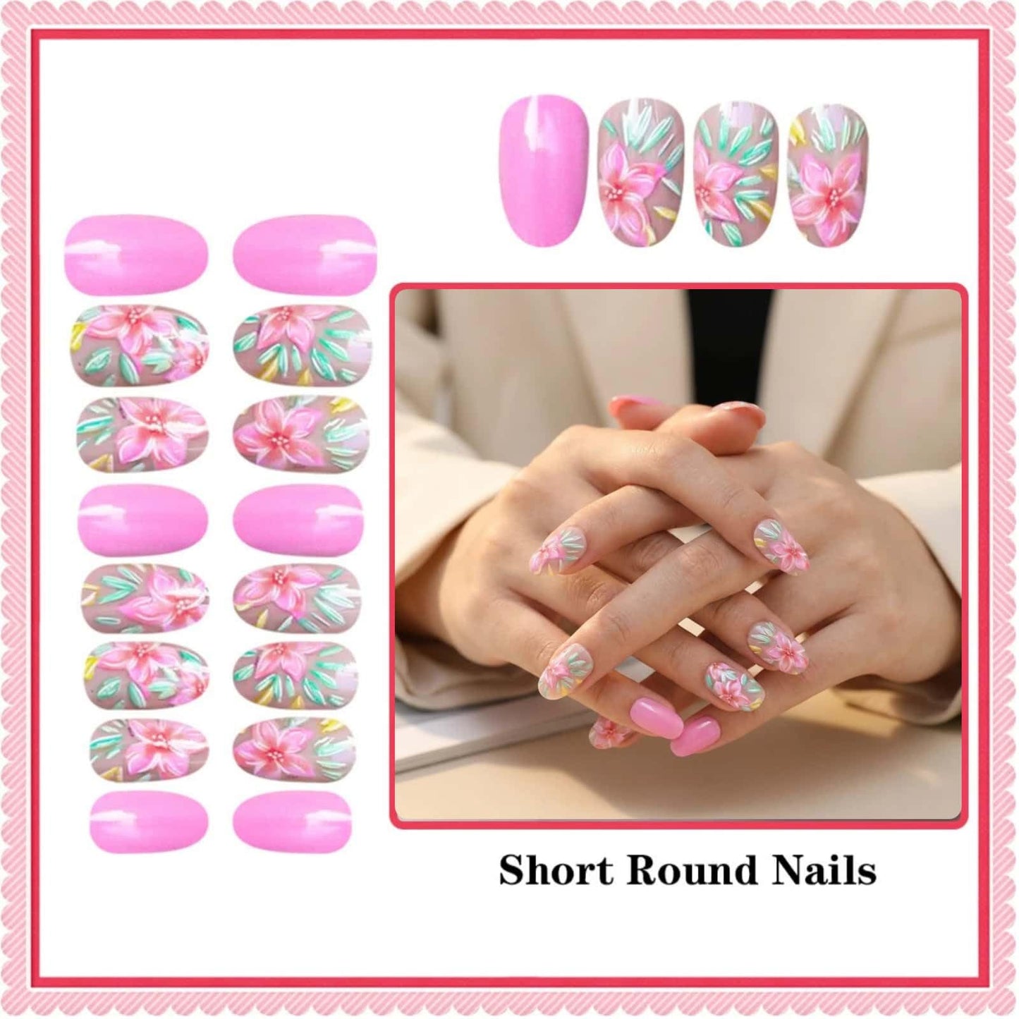 Pink Flower Press on Nails Short Round Fake Nails with Small Daisy Leaves Design Glossy White Glue on Nails Spring Summer Reusable Artificial Nail Full Cover Stick on Nails for Women 24 Pcs